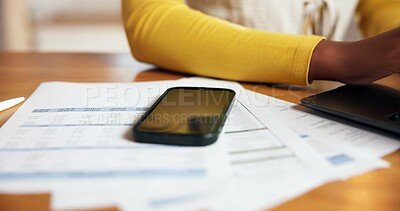 Buy stock photo Alarm, documents, phone screen with person at desk in home office for accounting or finance. Alert, paperwork and remote work with mobile notification on table in apartment for communication