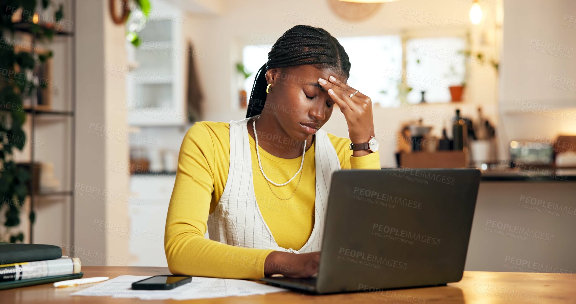 Buy stock photo Laptop, remote work and stress with black woman in home office for burnout or small business anxiety. Computer, headache and startup frustration with freelance entrepreneur in apartment for brain fog
