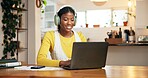 Black woman, student and headphones with laptop, smile and typing for online course at apartment. African person, computer and elearning with project, assessment or video for virtual class at house