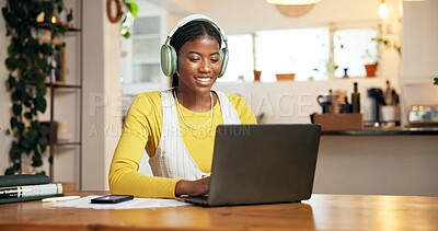 Buy stock photo Black woman, student and headphones with laptop, smile and typing for online course at apartment. African person, computer and elearning with project, assessment or video for virtual class at house
