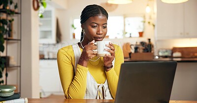 Buy stock photo Coffee, laptop and remote work with black woman at desk in home for startup planning or research. Computer, reading and small business review with African freelancer drinking beverage in apartment