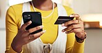 Hands, phone and woman with credit card for payment, online shopping or ecommerce discount. Mobile, debit and person with money for internet banking, digital transaction and financial budget at home