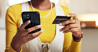 Buy stock photo Hands, phone and woman with credit card for payment, online shopping or ecommerce discount. Mobile, debit and person with money for internet banking, digital transaction and financial budget at home