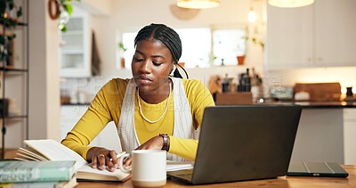 Buy stock photo Black woman, student and books with earphones, home or research for online course with scholarship. African person, computer and elearning with notes, assessment or studying for virtual test at house