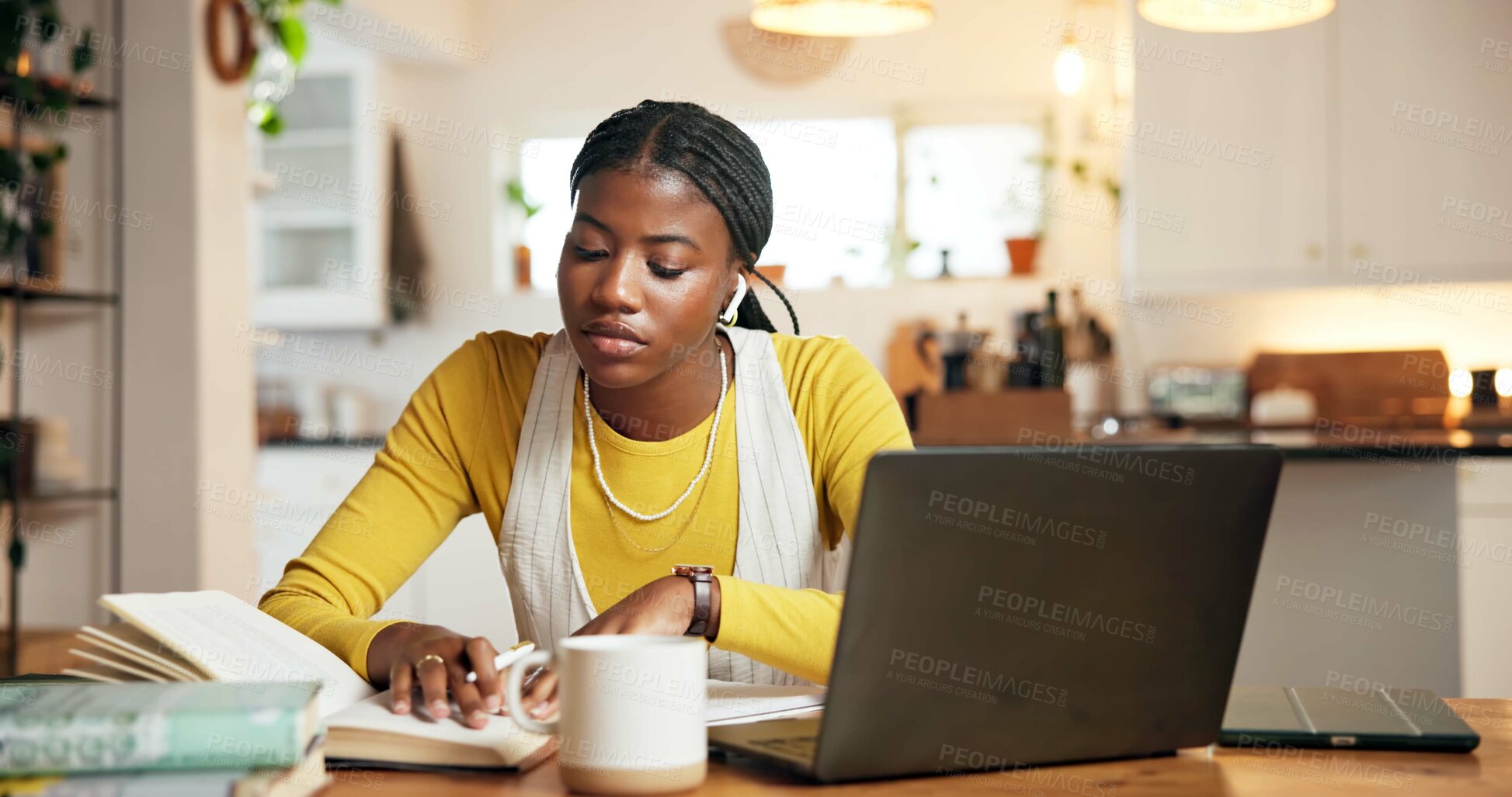 Buy stock photo Black woman, student and books with earphones, home or research for online course with scholarship. African person, computer and elearning with notes, assessment or studying for virtual test at house