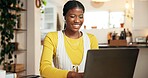 Laptop, remote work and smile with business black woman at table in home for startup planning. Computer, research and typing report with happy African freelancer in apartment as entrepreneur