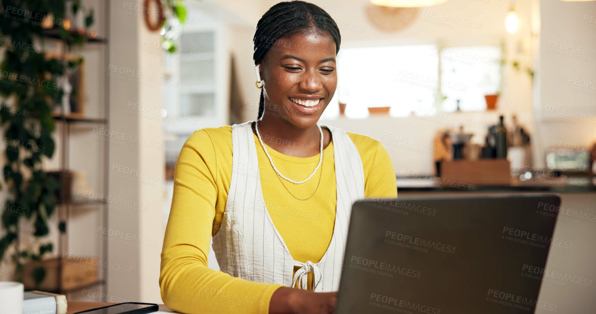 Buy stock photo Laptop, remote work and smile with business black woman at table in home for startup planning. Computer, research and typing report with happy African freelancer in apartment as entrepreneur