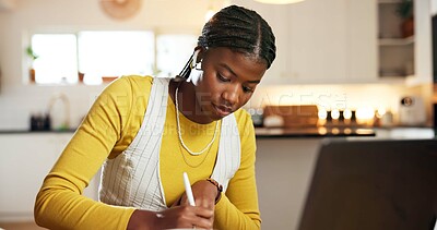 Buy stock photo Student, black woman and writing in home for study, online education or university research project. Person, notes or planning in apartment with laptop for elearning, college assessment or knowledge.