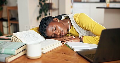 Buy stock photo Sleeping, student and tired with black woman in home for burnout, mental health and college deadline. Studying fatigue, overworked and education with person in apartment for resting, workload or nap