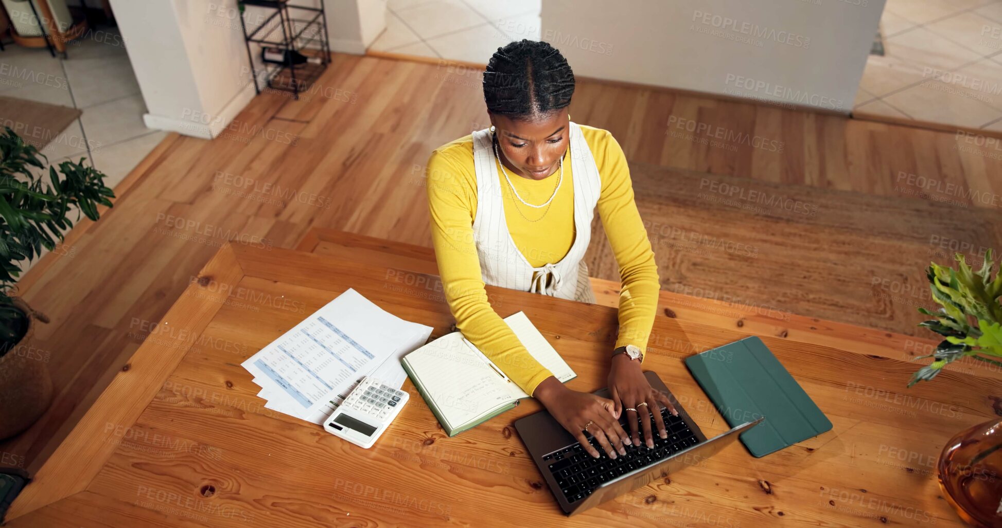 Buy stock photo Documents, laptop and black woman in office typing for finance report with email for communication. Computer, calculator and top view of African financial advisor with paperwork for investment review