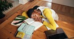 Sleeping, student and research with black woman in home for burnout, mental health and college deadline. Studying fatigue, overworked and education with above of person in house for resting or nap