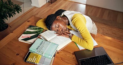 Buy stock photo Sleeping, student and research with black woman in home for burnout, mental health and college deadline. Studying fatigue, overworked and education with above of person in house for resting or nap
