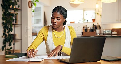 Buy stock photo Calculator, remote work and black woman with paperwork for budget, savings or assets in kitchen. Cost calculation, home and freelance accountant with financial review, document and bookkeeping report