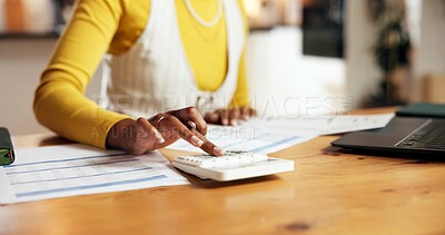 Buy stock photo Woman, remote work and hand with calculator for savings, budget or asset management. Cost calculation, person or freelance accountant with financial audit, tax document or bookkeeping report at home
