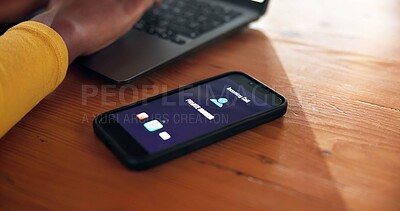 Buy stock photo Call, phone screen and ringing with person at desk in home office for accounting or finance. Communication, private number and remote work with mobile on table in apartment for unknown contact