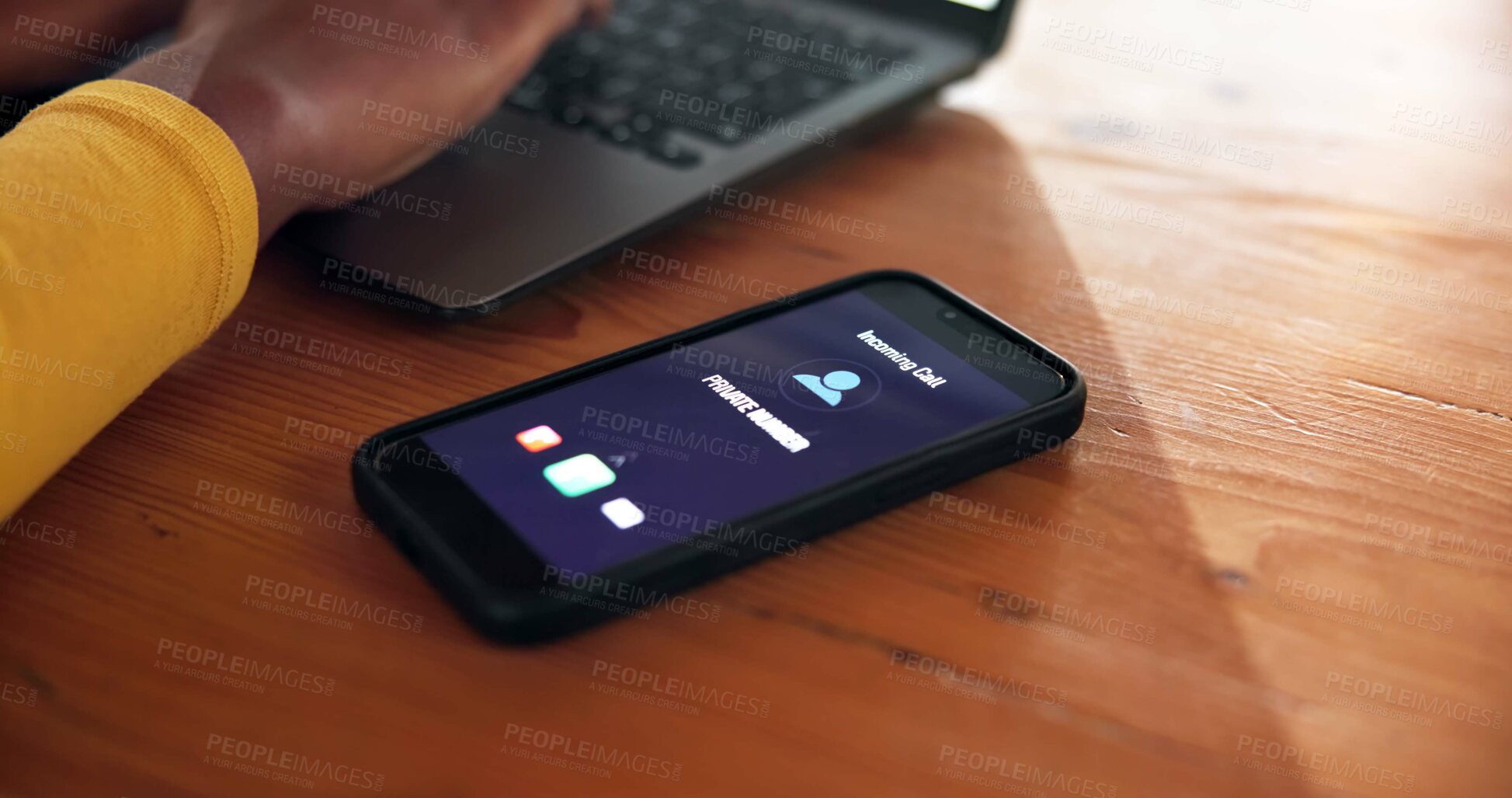 Buy stock photo Call, phone screen and ringing with person at desk in home office for accounting or finance. Communication, private number and remote work with mobile on table in apartment for unknown contact