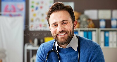 Buy stock photo Pediatrician, portrait or man in clinic with smile, pride or specialist in youth healthcare. Medical, stethoscope or physician in hospital with confidence, about us or experience in child services.