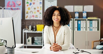 Buy stock photo Doctor, office and portrait of woman in hospital for medical service, pediatrician career and pride. Healthcare, professional and female person with smile for wellness, about us and family clinic