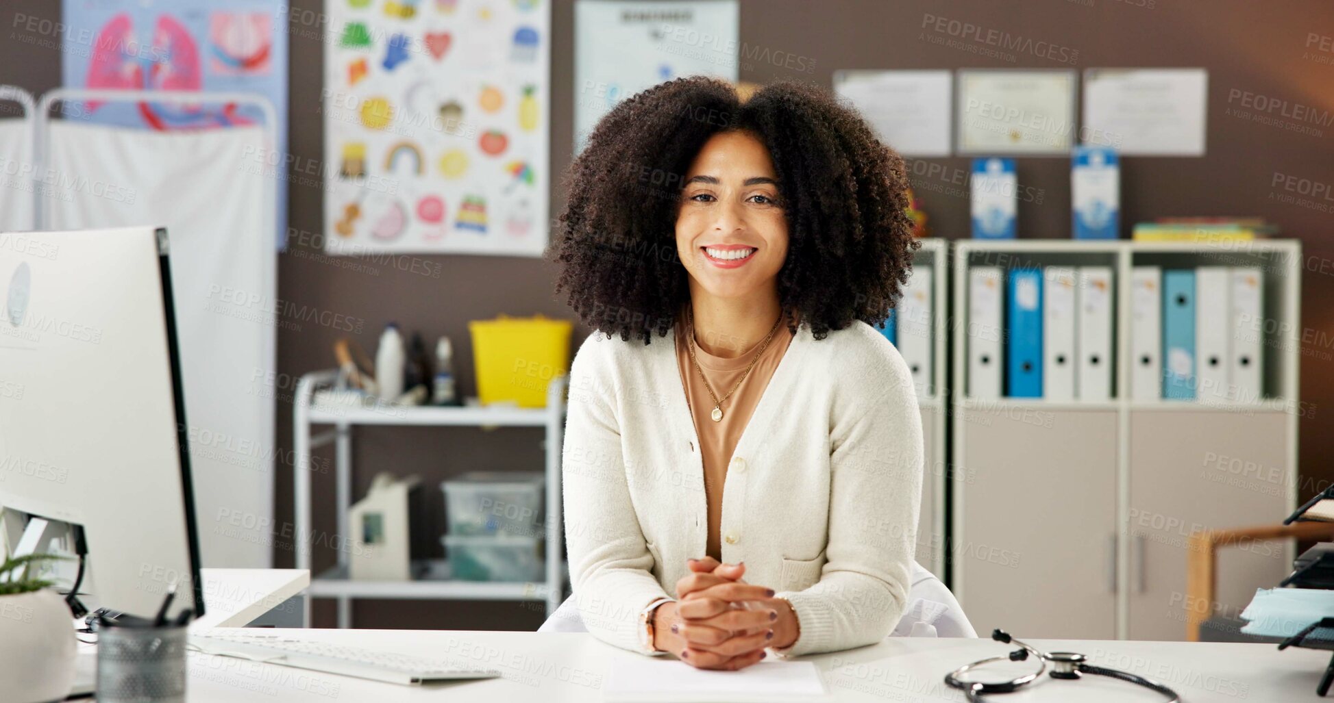 Buy stock photo Doctor, office and portrait of woman in hospital for medical service, pediatrician career and pride. Healthcare, professional and female person with smile for wellness, about us and family clinic