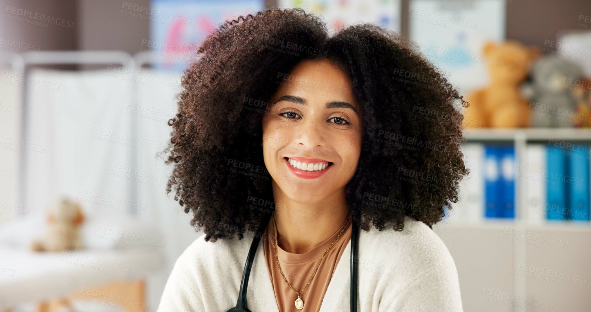 Buy stock photo Woman, pediatrician and happy in portrait at clinic, pride or child wellness expert at workplace. Person, doctor and smile in consultation room for healthcare, advice and career at hospital in Brazil