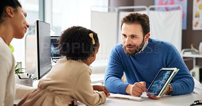 Buy stock photo Doctor, child and mom with tablet screen, xray and talk for spine, report and advice at clinic. Man, pediatrician and girl with mother, tech or explain scan on application with smile in consultation