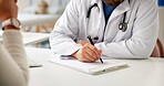 Doctor, hands or writing in office with patient for consultation, symptoms or insurance information. Healthcare worker, taking notes and people in appointment for sickness, medical aid form or admin.