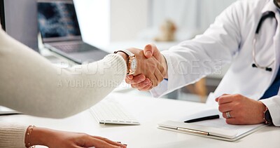 Buy stock photo Closeup, handshake and doctor in office, patient and greeting with thank you, appointment or recovery. Shaking hands, people and medical service with checkup, consultation and introduction in clinic