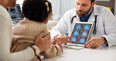 Buy stock photo Doctor, tablet screen and brain scan with child, talk and parent with review, mri and explain at clinic. Man, neurologist and tech on application, ui or consulting with girl for wellness at hospital
