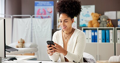 Buy stock photo African woman, doctor and happy with phone in office for research, contact patient and medical results. Pediatrician, mobile and communication for telehealth, schedule checkup and healthcare report