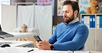 Man, doctor and reading with phone in office for research, contact patient and medical results. Pediatrician, mobile app and communication for telehealth, schedule appointment and healthcare report