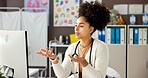 Doctor, video call and woman with computer, telehealth and symptoms assessment for diagnosis on web. Clinic, medical appointment and African person with tech for consultation, online or communication