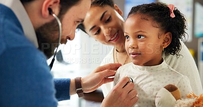 Buy stock photo Doctor, stethoscope and girl with mother in hospital for asthma checkup, consulting and medical advice. Breathing assessment, healthcare exam and pediatrician with woman and child for listening