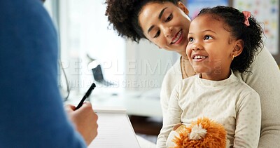 Buy stock photo Doctor, clipboard and child with mother in hospital for wellness checkup, consulting and medical advice. Patient assessment, healthcare exam and pediatrician with woman and girl for treatment notes