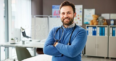 Buy stock photo Pediatrician, portrait or man in clinic with arms crossed, pride or specialist in youth health. Medical, stethoscope or physician in hospital with confidence, about us or experience in child services