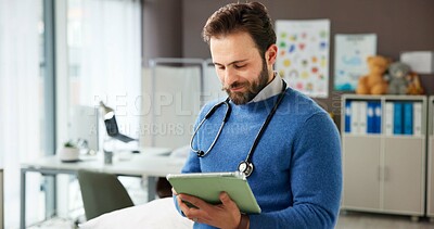 Buy stock photo Medical, reading or man in hospital with tablet, online info or record review for patient diagnosis. Healthcare, checklist or doctor in clinic with tech, admin or evaluation result for treatment plan