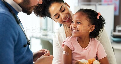 Buy stock photo Medical, parent or kid in clinic with plaster, first aid and trust in virus vaccine. Happy, healthcare or pediatrician in hospital with bandaid, immunization shot and support in childhood checkup.