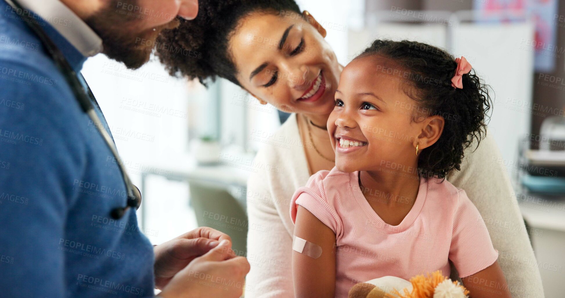Buy stock photo Medical, parent or kid in clinic with plaster, first aid and trust in virus vaccine. Happy, healthcare or pediatrician in hospital with bandaid, immunization shot and support in childhood checkup.