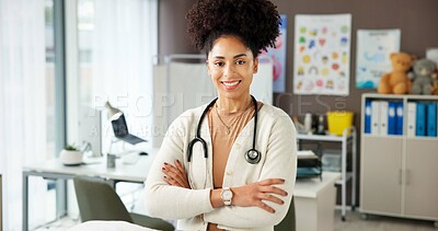 Buy stock photo Woman, pediatrician and happy with arms crossed at clinic, pride or child wellness expert in office. Person, doctor and healthcare professional with smile, confident and career at hospital in Brazil