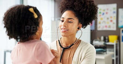 Buy stock photo Appointment, medical or stethoscope with doctor and patient in hospital for consulting or exam. Checkup, healthcare or heartbeat with girl child and pediatrician in clinic for pulse assessment