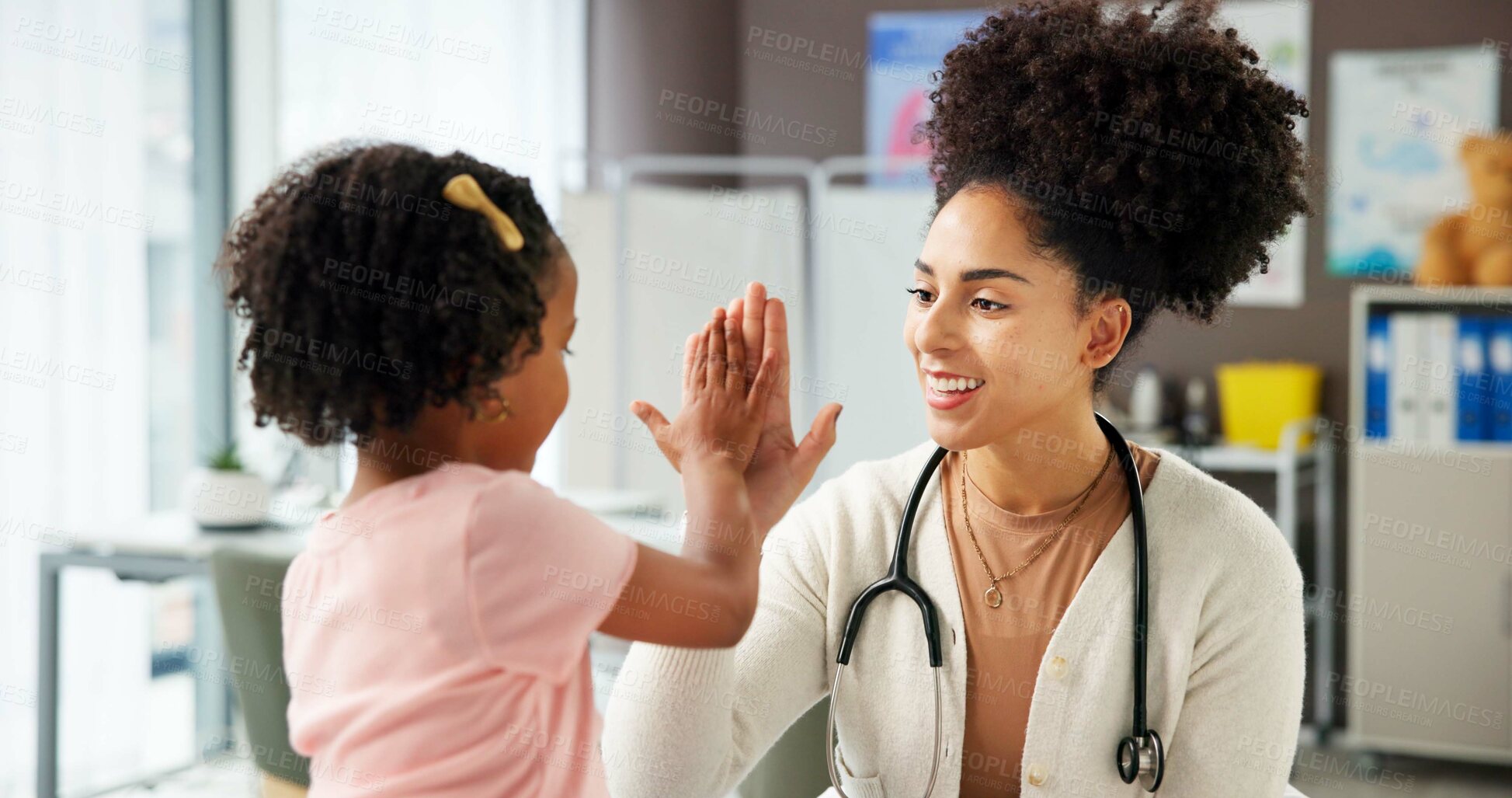 Buy stock photo High five, doctor or kid in office for consultation, praise courage or calm behavior in appointment. Sick girl, woman or celebrate for complete medical examination, pediatrician or healthcare support