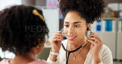 Buy stock photo Appointment, healthcare or stethoscope with doctor woman and patient in hospital for consulting or exam. Checkup, heartbeat and pediatrician with girl child in clinic for assessment or cardiology