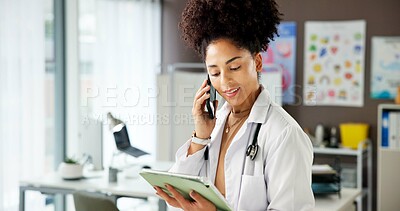 Buy stock photo Doctor, woman or tablet in office with phone call for pediatric booking, child healthcare or checkup. Laptop, person or pediatrician talk with tech for contact, kids medical appointment or telehealth