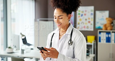 Buy stock photo Woman, doctor and reading with phone in office for research, contact patient and medical results. Pediatrician, mobile app and communication for telehealth, schedule appointment and healthcare report