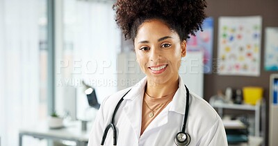 Buy stock photo Medical, portrait or woman in clinic with smile, career pride or specialist in healthcare. About us, stethoscope or doctor in hospital with confidence, general practitioner or experience in wellness.