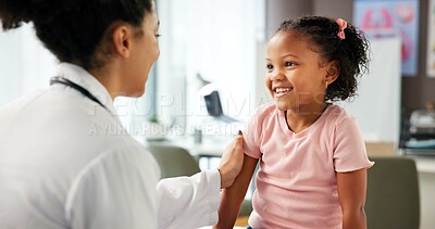 Buy stock photo Appointment, medical and pediatrician with girl child in hospital for consulting or trust. Checkup, diagnosis or healthcare with doctor and kid patient in clinic for advice, healing or wellness