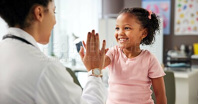 Buy stock photo High five, doctor or girl in office for consultation, praise courage or calm behavior in appointment. Sick kid, woman or celebrate for complete medical examination, pediatrician or healthcare support