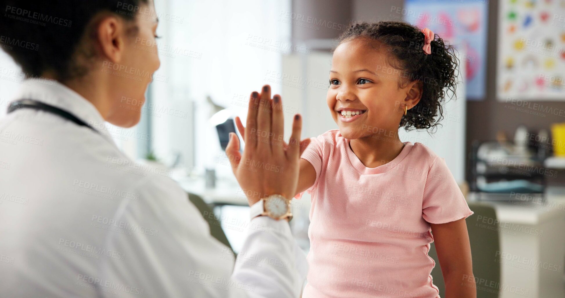 Buy stock photo High five, doctor or girl in office for consultation, praise courage or calm behavior in appointment. Sick kid, woman or celebrate for complete medical examination, pediatrician or healthcare support