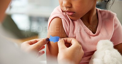 Buy stock photo Medical, hands or kid in clinic with plaster, first aid and trust in virus vaccine. Healthcare, wound protection or pediatrician in hospital with bandage, immunization shot and checkup in child care.