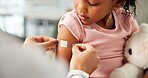 Medical, hands or child in clinic with plaster, first aid and trust in virus vaccine. Healthcare, wound or pediatrician in hospital with bandaid, immunization shot or checkup in childhood development