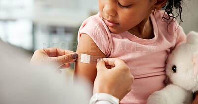 Buy stock photo Medical, hands or child in clinic with plaster, first aid and trust in virus vaccine. Healthcare, wound or pediatrician in hospital with bandage, immunization shot or checkup in childhood development